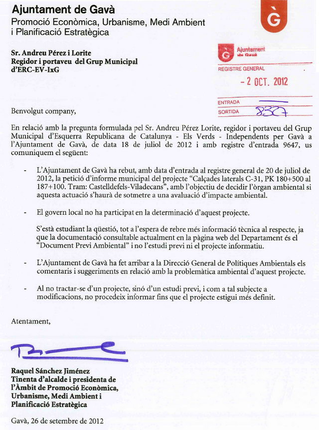 Resposta de l'Ajuntament de Gav� a les preguntes d'ERC-Gav� sobre el seu posicionament davant de l'estudi de cal�ades laterals per l'autovia de Castelldefels (C-31) (26 Setembre 2012)